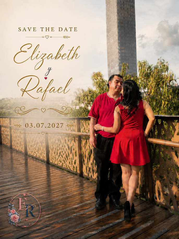 Save the Date de Elizabeth y Rafael, 3 de julio de 2027